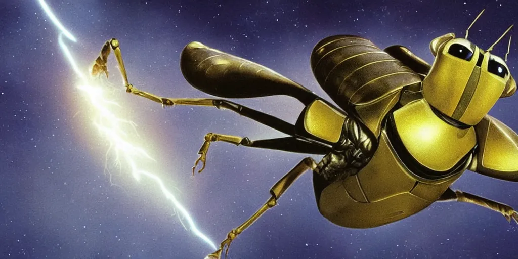 Image similar to lightning bug descendant 1 million in the future is a quadruped with big eyes. the bug wears a spacesuit, and explores the cosmos in a bug - shaped spaceship. science fiction blockbuster movie bugs save the planet or the bug from saturn, starship troopers ( 1 9 9 7 ), rogue one