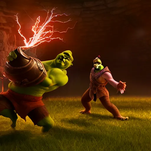 Image similar to Shrek fightning Malenia in Elden Ring, octane render, volumetric lightning 4k