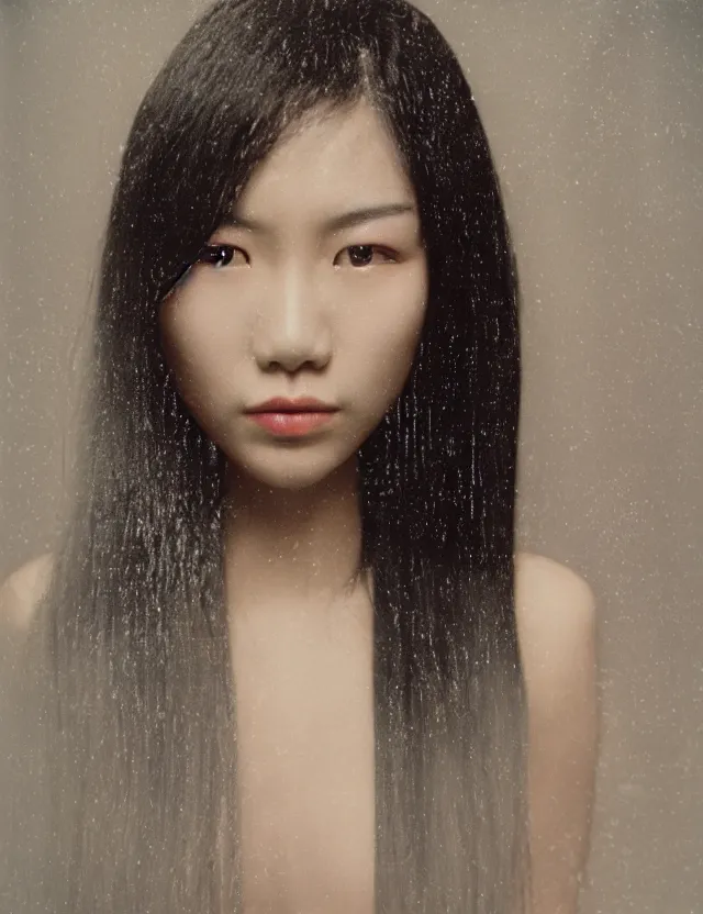 Image similar to polaroid photo with flash, portrait of a asian woman with glossy skin and wet hair in style of matrix, polaroid photo bleached strong lights, kodak film stock, hyper real, stunning moody cinematography, with anamorphic lenses, by maripol, detailed