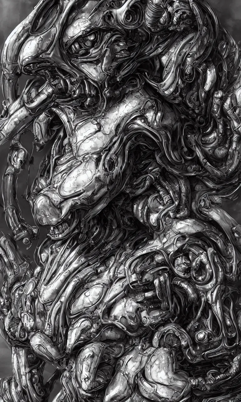 Image similar to engineer prometheus face by Artgerm, xenomorph alien, highly detailed, symmetrical long head, smooth marble surfaces, detailed ink illustration, raiden metal gear, cinematic smooth stone, deep aesthetic, concept art, post process, 4k, carved marble texture and silk cloth, latex skin, highly ornate intricate details, prometheus, evil, moody lighting, hr geiger, hayao miyazaki, indsutrial Steampunk