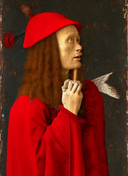 Image similar to profile of a fallen angel dressed in red with wings by Jan van Eyck, Hieronymus Bosch, Johannes Vermeer 4k post-processing, highly detailed medieval painting