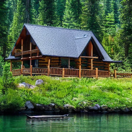 Prompt: a beautiful cabin, right beside a lake with a ungodly amount of fish, 4K photo