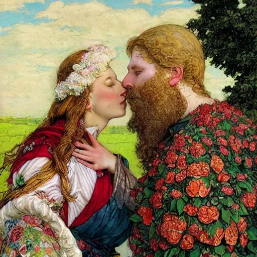 Image similar to a white skinned red bearded viking and an brown skinned princess kiss in a field of peonies, masterpiece, highly detailed, oil on canvas, art by rebecca guay