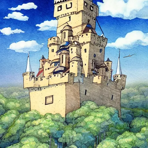 Prompt: laputa castle in the sky hayao miyazaki flying high in the sky, watercolor illustration for a book