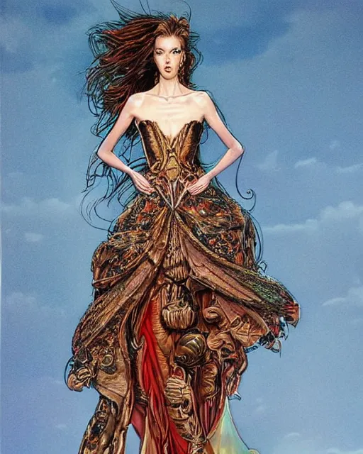 Prompt: fashion model walking down a catwalk, elaborate dress by alexander mcqueen, beautiful feminine face, art by michael whelan and chris moore and howard david johnson and tim white and dan giancola