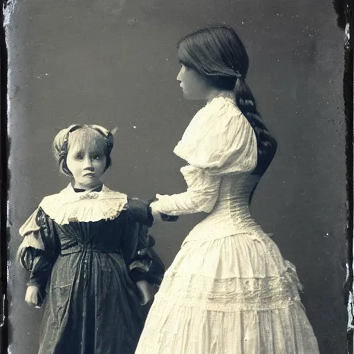 Prompt: portrait of a life size victorian female robot standing in with a human child in her care, 8 k, soft lighting, highly detailed realistic, face in focus 1 8 9 0's photography