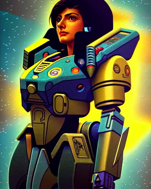 Image similar to pharah from overwatch, battletech, character portrait, portrait, close up, concept art, intricate details, highly detailed, vintage sci - fi poster, retro future, vintage sci - fi art, in the style of chris foss, rodger dean, moebius, michael whelan, and gustave dore