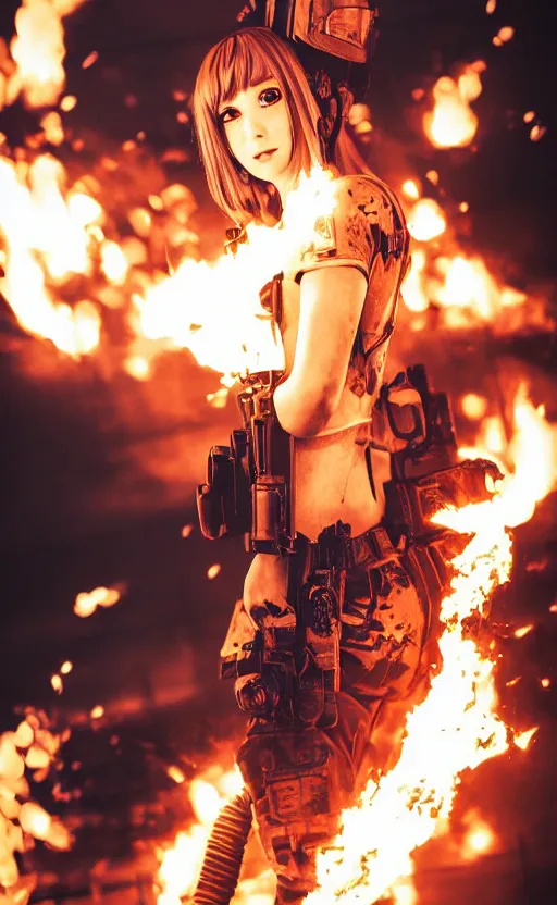 Prompt: portrait photo of a girl, highly detailed, flames in the background, high resolution, cosplay photo, stunning, girls frontline style, bokeh soft, shot on 70mm, zenithal lightning, trending on instagram, by award winning photographer, realistic human anatomy, real human faces, realistic military carrier, soldier clothing, modern warfare, salute pose, shot with a professional camera, low saturation, soldier clothing