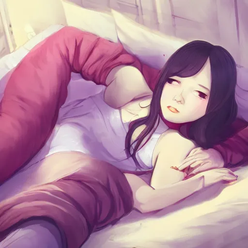 Image similar to lofi hiphop girl lying in bed studying listening to music by Wenqing Yan, WLOP, Zumidraws, OlchaS Logan cure liang Xing