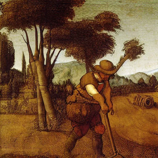 Image similar to Farmer tilling his field by Leonardo Da Vinci,