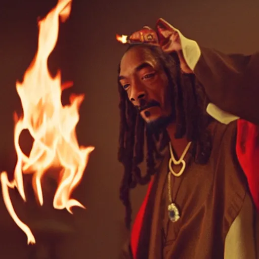 Image similar to cinematic film still of Snoop Dogg starring as a Samurai holding fire, Japanese CGI, VFX, 2022, 50mm lens, shallow depth of field, film photography