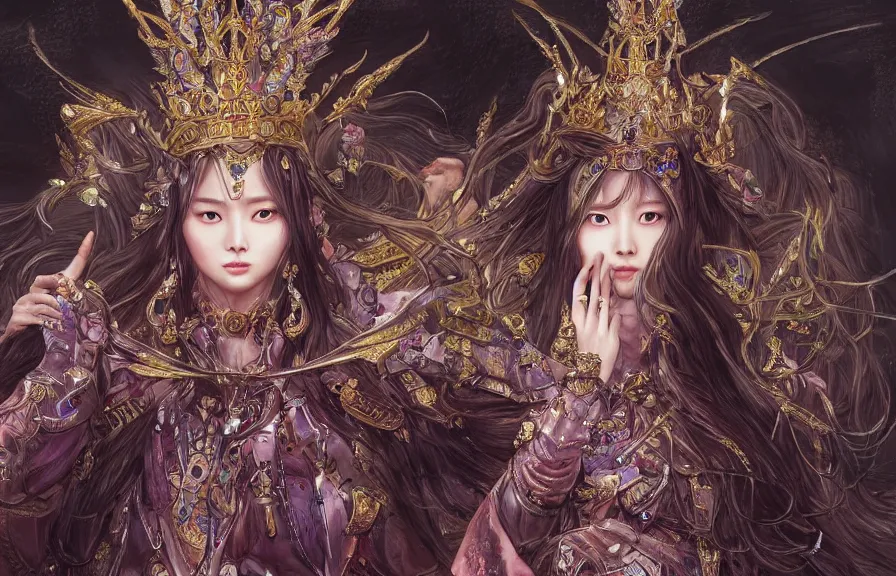 Prompt: an concept art of the korean queen surrounded by magic guards, long hair, makeup, intricate details, detailed face, detailed dress, one face, artstation, epic pose, colourful light, by kentaro miura and masanori warugai