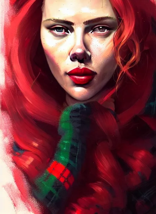 Prompt: highly detailed portrait of scarlett johanson with scarlet lips pogging, tartan hoody, photographic realistic background, ringlet hair by atey ghailan, by greg rutkowski, by greg tocchini, by james gilleard, by joe fenton, by kaethe butcher, gradient red, black, neon green cream and white color scheme, trending in pinterest, award winning details