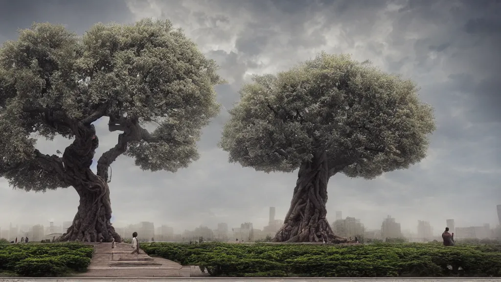 Image similar to the great elven tree growing in the middle of tiananmen square, beijing. andreas achenbach, artgerm, mikko lagerstedt, zack snyder, tokujin yoshioka