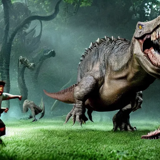 Prompt: hodor getting chased by a tyrannosaurus rex in jurassic park, movie still, epic quality, rain, night, dramatic, 4 k, intense, photorealistic