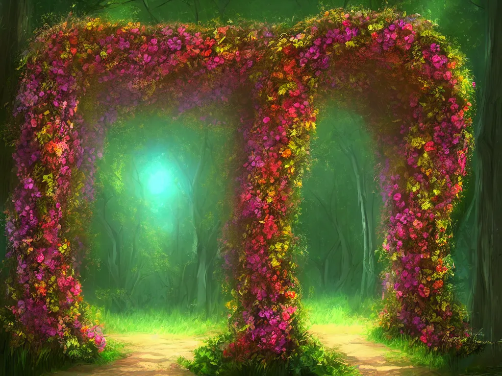 Image similar to A beautiful digital illustration painting of a floral archway in the woods , 8k resolution deviantart trending on Artstation concept art digital illustration