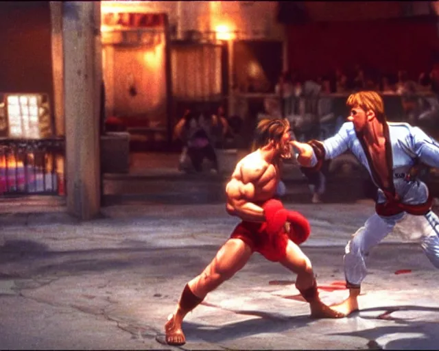 Image similar to a still of a photo real life Ken's stage in the movie Street Fighter: The Movie (1994), HDR, high quality, 8k, highly detailed and intricate,