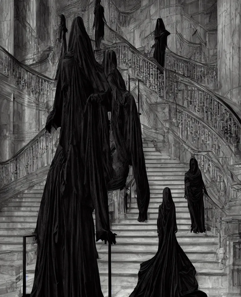 Image similar to several ritualistic figures shrouded in a long trailing dark black opaque gown, descending in tandem down a giant marble staircase away from a conference room, photorealism, hyperrealism, harsh lighting, dramatic lighting, medium shot, serious, gloomy, foreboding, cinematic, creepy