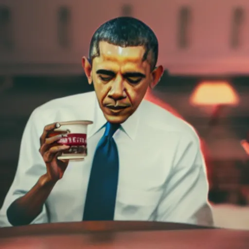 Image similar to blurry still of obama pouring lean in a doublecup, film grain, realistic face, insane detail