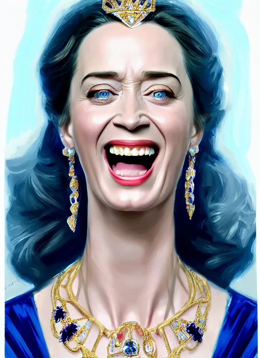 Prompt: portrait of emily blunt as queen, laughing, jewelry, greek, sapphire, victorian age, 1 8 9 0, intricate, headshot, key visual, conceptart, ambient lighting, highly detailed, digital painting, artstation, concept art, sharp focus, by makoto shinkai and akihiko yoshida and greg manchess