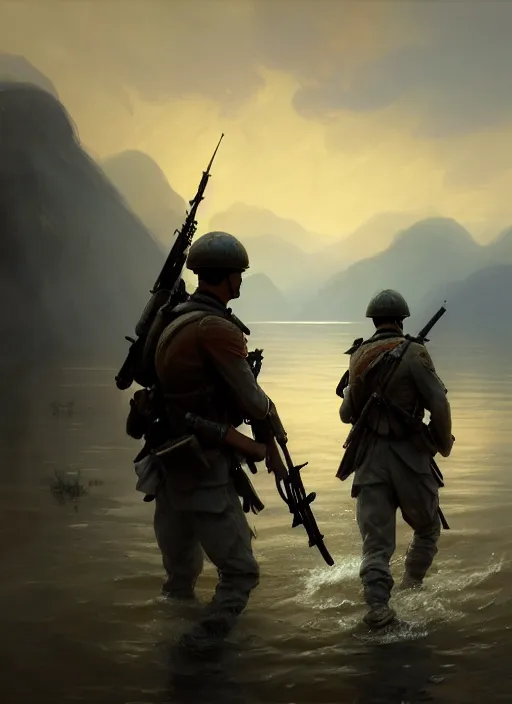 Prompt: Two soldiers trying to walk inside a lake, Battlefield 1, extremely detailed digital painting, in the style of Fenghua Zhong and Ruan Jia and jeremy lipking and Peter Mohrbacher, mystical colors, rim light, beautiful Lighting, 8k, stunning scene, raytracing, octane, trending on artstation