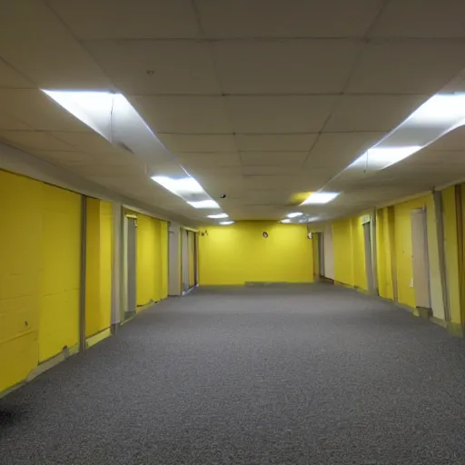 Prompt: Backrooms, old moist carpet, mono-yellow, fluorescent lights, randomly segmented rooms