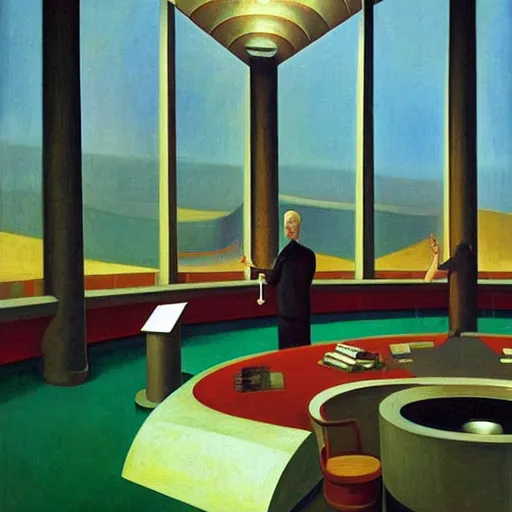 Image similar to portrait of an evil mastermind inside a dome - shaped control center, evil lair,'pj crook '!!,'grant wood '!!, edward hopper, oil on canvas