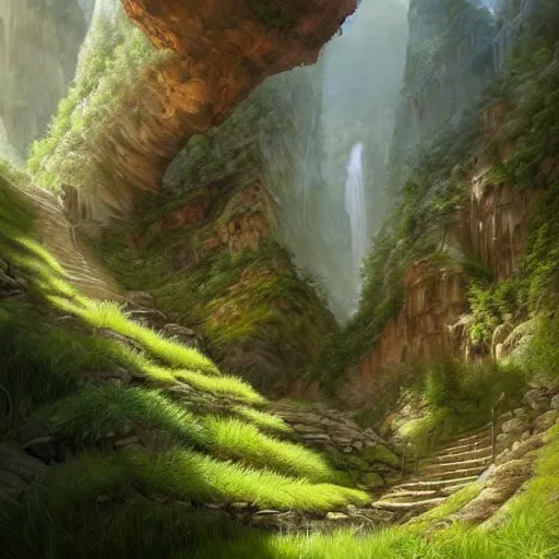 Prompt: A beautiful hyper realistic detailled matte painting of a mountain path at the bottom of a grassy canyon that lead to a temple of life, by John Howe and Moebius and Bastien Lecouffe Deharme and Andreas Rocha, trending on artstation, barometric projection, focal