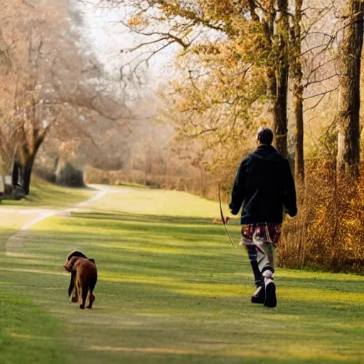 Image similar to a man walking a dog