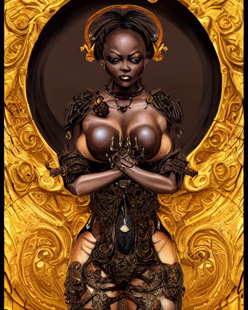 Prompt: concept art, jada fire, beautiful, frank frazetta, ornate, art nouveau, symmetrical, gold jewelry, high contrast, unbiased render, Emil melmoth, eerie, haunting, victorian, 8k, octane render, style of Gustav Klimt, head and shoulders