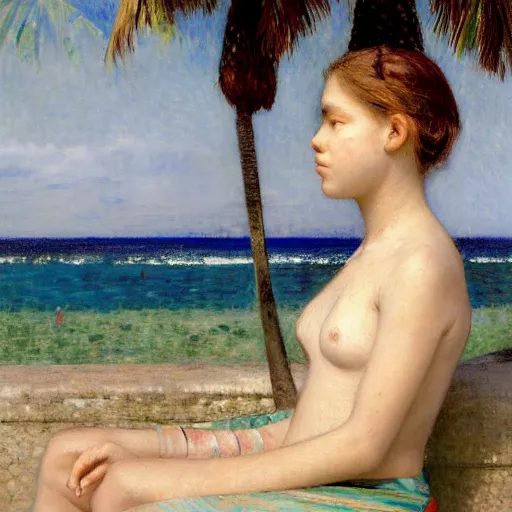 Image similar to a ultradetailed beautiful painting of a girl in the amazonas palace designed by jules bastien - lepage, hans belmer, frank weston and gustave baumann, beach, trending on artstation, mediterranean, palm trees, refracted color sparkles, sharp focus, soft light, 8 k 4 k