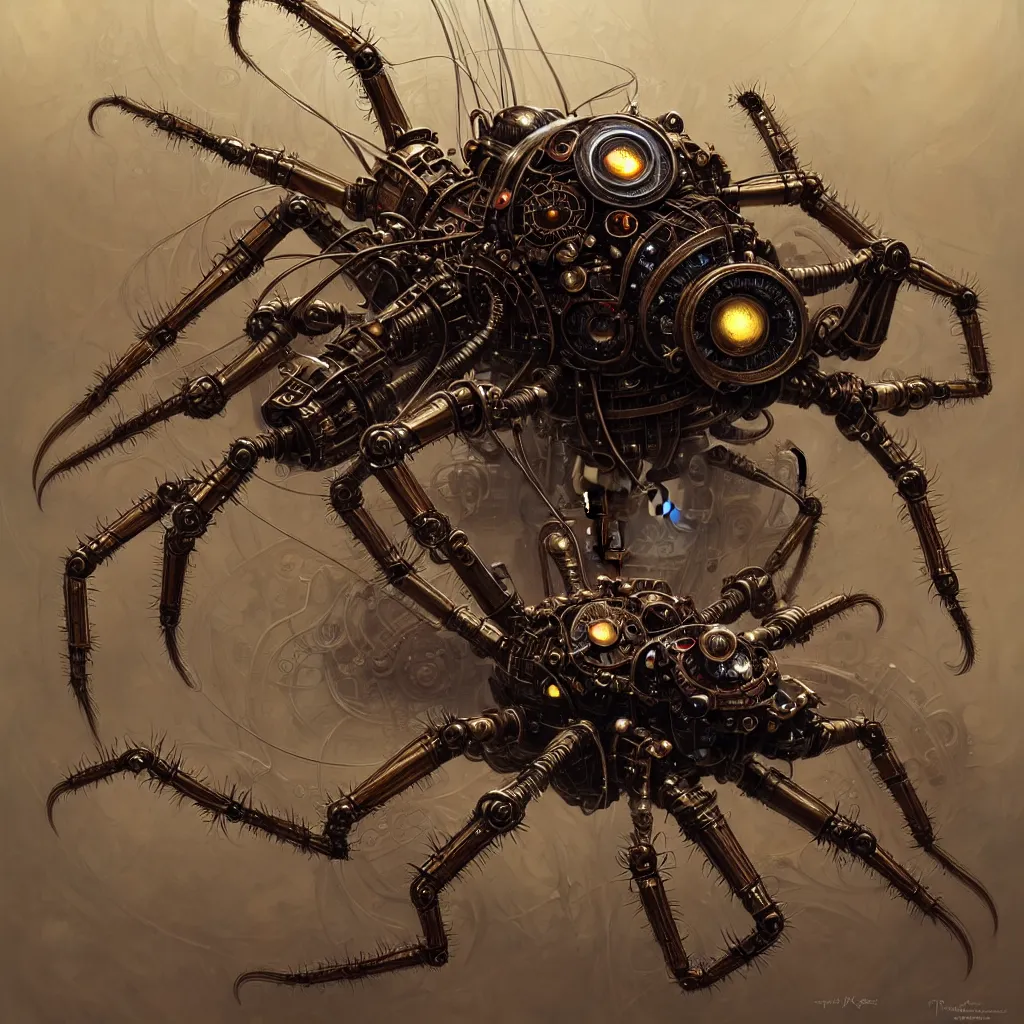 Image similar to portrait shot of a steampunk robot spider, intricate, elegant, highly detailed, centered, digital painting, artstation, concept art, smooth, sharp focus, illustration, artgerm, tomasz alen kopera, peter mohrbacher, donato giancola, joseph christian leyendecker, wlop, boris vallejo