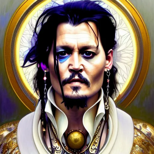 Prompt: johnny depp!! angel of battle lucius wearing a white periwinkle, sci fi, glowing eyes, volumetric lights, gold theme, art nouveau botanicals, intricate, highly detailed, digital painting, artstation, concept art, smooth, sharp focus, cinematic, illustration, beautiful face, art by artgerm and greg rutkowski and alphonse mucha