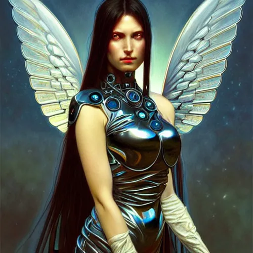 Prompt: portrait of mechanical angel with crystal wings, dark, piercing eyes, gentle expression, metal clothing, photorealistic, highly detailed, artstation, smooth, sharp focus, art by michael whelan, artgerm, greg rutkowski and alphonse mucha