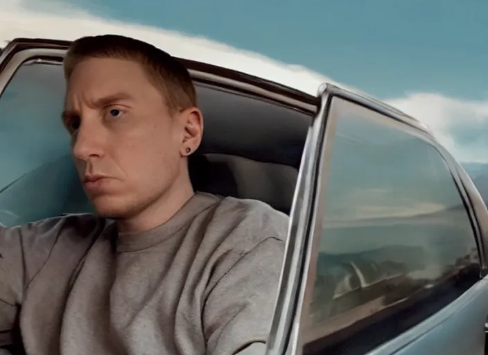 Image similar to a very high resolution image from a new movie, eminem driving a car. mountains, directed by wes anderson