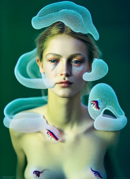 Image similar to Kodak Portra 400, 8K, soft light, volumetric lighting, highly detailed, britt marling style 3/4 , portrait photography of a beautiful woman by Giovanni Gastel, face merging with jellyfishes, symbolic metamorphosis complex 3d render , 150 mm lens, art nouveau fashion embroidered,bust with intricate underwaters details, elegant, hyper realistic, ultra detailed, octane render, underwater soft colours, emotionally evoking, head in focus, fantasy, elegant, soft light, volumetric lighting, highly detailed, Refined, Highly Detailed, soft pastel lighting colors scheme, fine art photography, Hyper realistic, photo realistic