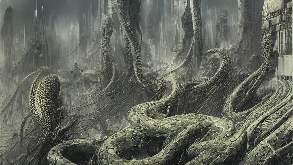 Image similar to snakes bursting out of a dark futuristic city, digital art by Zdzisław Beksiński , Ruan Jia, Rudolf Béres, Tsutomu Nihei