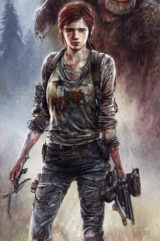 Image similar to bella ramsey as ellie in the last of us, dirt, fashion, fantasy, art by ayami kojima, vasnetsov, cedric peyravernay