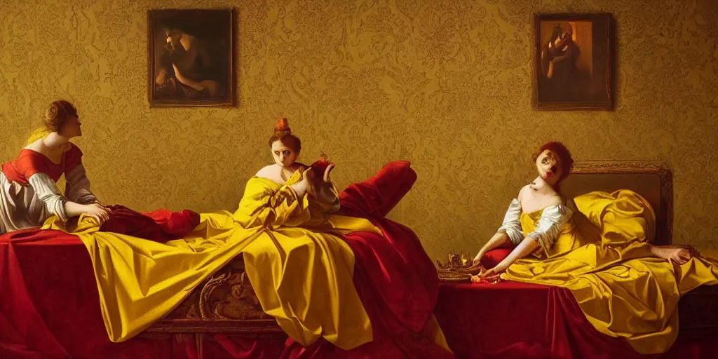 Prompt: beautiful oil matte painting, red drapers, golden sheets, mustard yellow textile, wonderful masterpiece highly detailed, beautiful cinematic light deep focus, elegant, digital painting, smooth, sharp focus, golden ratio, dramatic illumination, ultra realistic, 8 k, art by artemisia lomi gentileschi and caravaggio