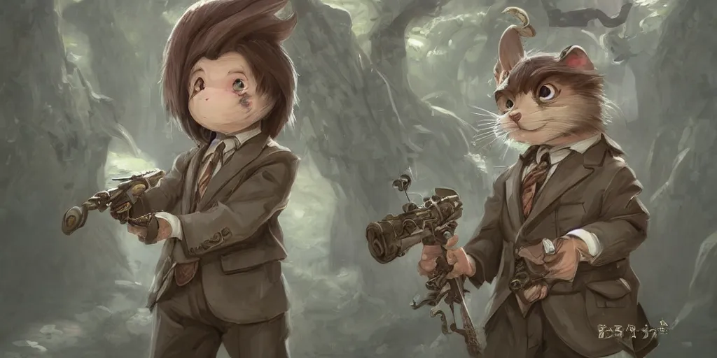 Image similar to dungeons and dragons fantasy painting, portrait of an roborovski dwarf hamster in a suit and tie with a rifle, whimsical and cute, determined expression, watery eyes, anime inspired by krenz cushart, light grey fur, tufty whiskers, bamboo forest, dawn lighting, by brian froud jessica rossier and greg rutkowski