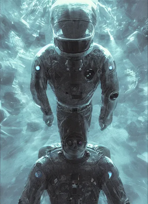 Image similar to astronauts in dark void underwater - complex and hyperdetailed technical suit. reflection and dispersion materials. rays and dispersion of light. volumetric light. f / 3 2. noise film photo. flash photography. ultra realistic, wide angle. poster by wayne barlowe, hajime sorayama aaron horkey, craig mullins