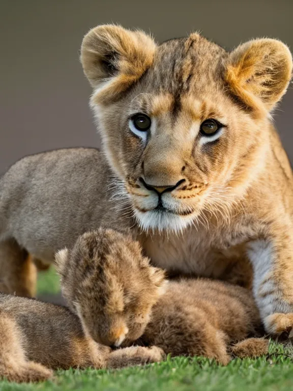 Image similar to 4K HD, high detail photograph, shot with Sigma f/ 4.2 , 250 mm sharp lens, shallow depth of field : (subject= baby lion playing with a baby duck + subject detail= accurate body features, consistent, high detailed light refraction , high level texture render)