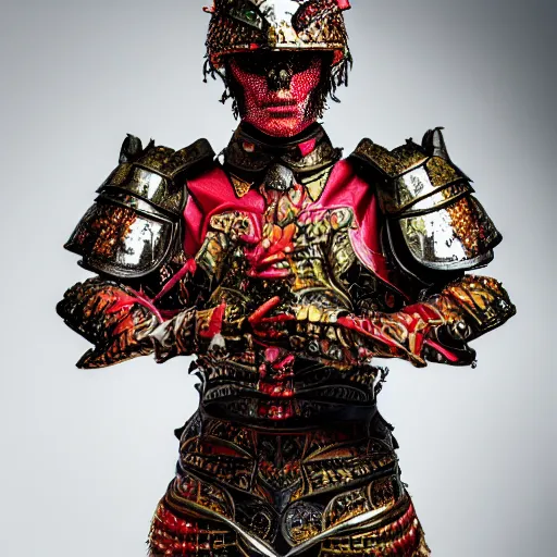 Image similar to a portrait of a beautiful young male wearing an alexander mcqueen armor made of candy , photographed by andrew thomas huang, artistic