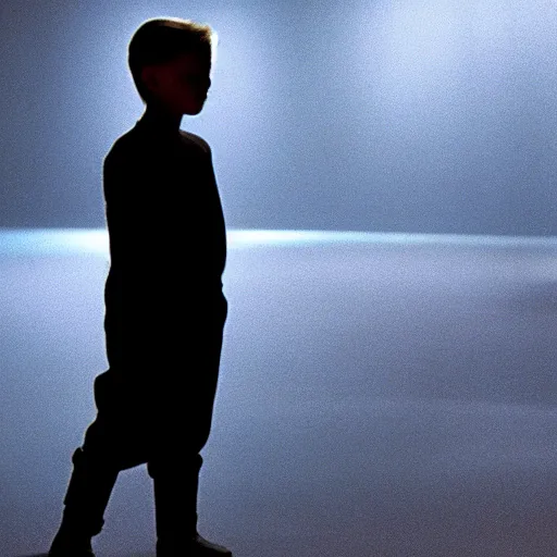 Prompt: movie scene of a glowing boy, menacing, movie still, cinematic composition, cinematic light, criterion collection, reimagined by industrial light and magic, Movie by David Lynch and Ridley Scott