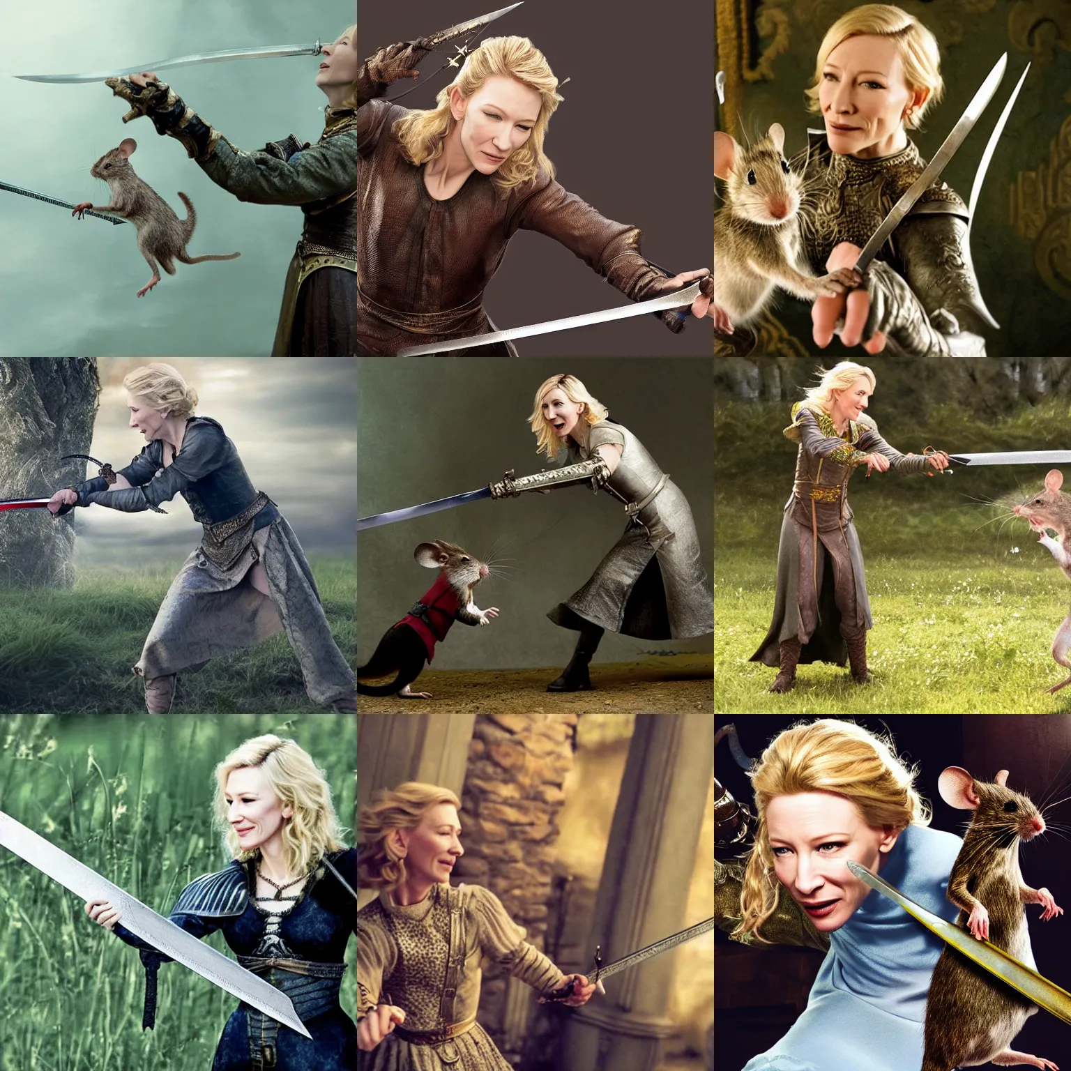 Prompt: hypperrealistic photograph of cate blanchett sword fighting a mouse