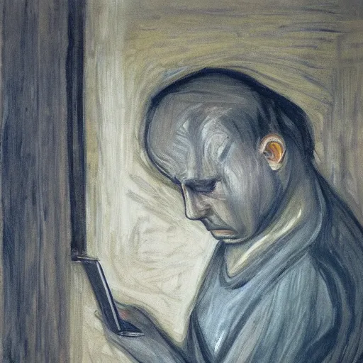 Image similar to sad prisoner holding ipad, prison cell, frustrated expression, dark mood, hopelessness, gloomy, in the style of edward munch