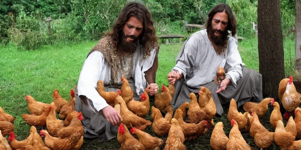 Prompt: Jesus is feeding the chickens