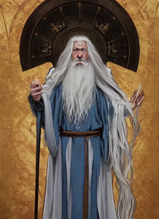 Image similar to medium - length portrait of a male wizard wreathed in arcane sigils with long white hair and glowing blue eyes, long white beard, dark brown skin, stern expression, wears a long robe, medieval setting, dramatic pose, highly detailed, digital painting, artstation, concept art, sharp focus, illustration, art by greg rutkowski and alphonse mucha