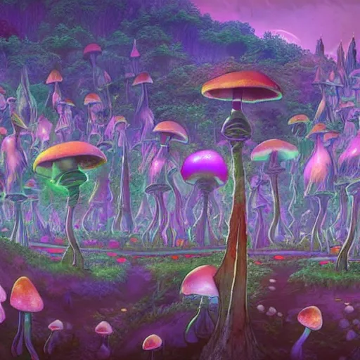 Prompt: A group of psychedelic godlike anthropomorphic wizards dancing , magic mushroom village in background . award winning. superb resolution. in the art style of junji Ito and greg rutkowski . Detailed Mushroom city in background. Hyper realistic anime. Perfect art.