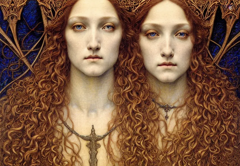 Image similar to detailed realistic beautiful young medieval queen face portrait by jean delville, gustave dore and marco mazzoni, art nouveau, symbolist, visionary, gothic, pre - raphaelite. horizontal symmetry